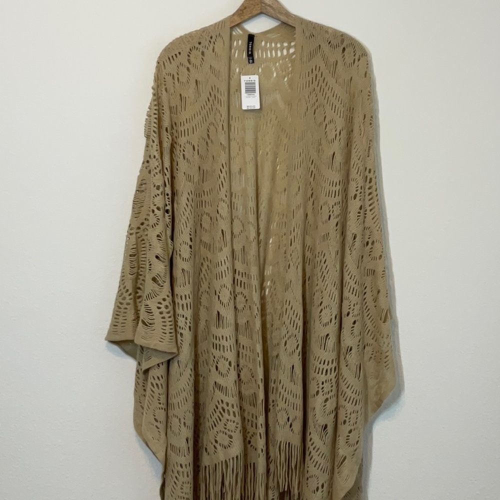 Torrid Open Front Knit Fringe Ruana Wrap Poncho Festival Tan One Size
